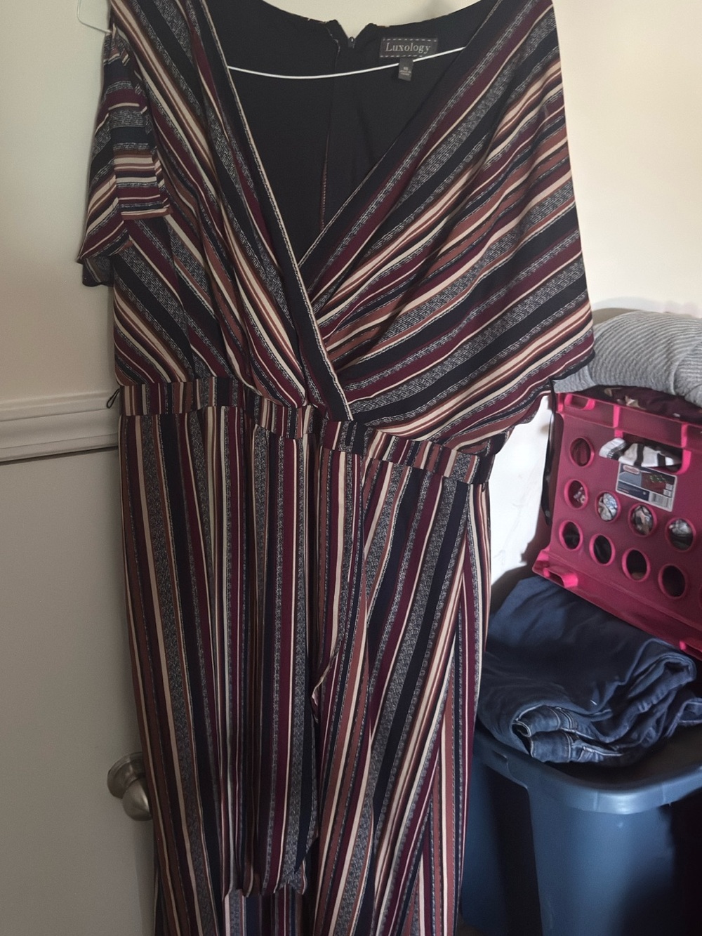 Luxology Striped V-Neck Midi Dress - Black & Burgundy